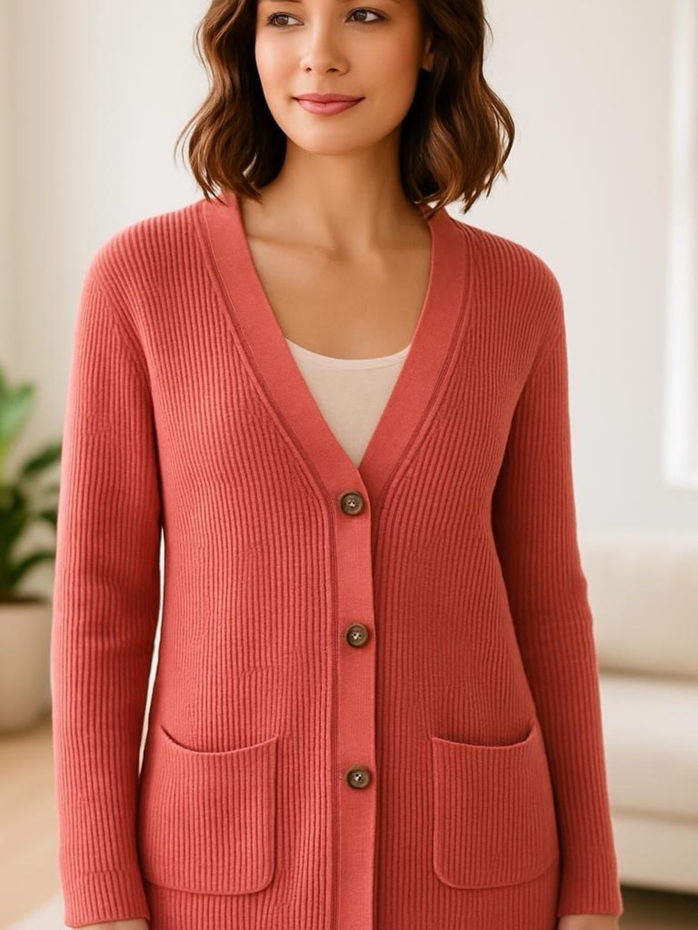 Lands' End Coral-Red Button Cardigan Women's Size L‎